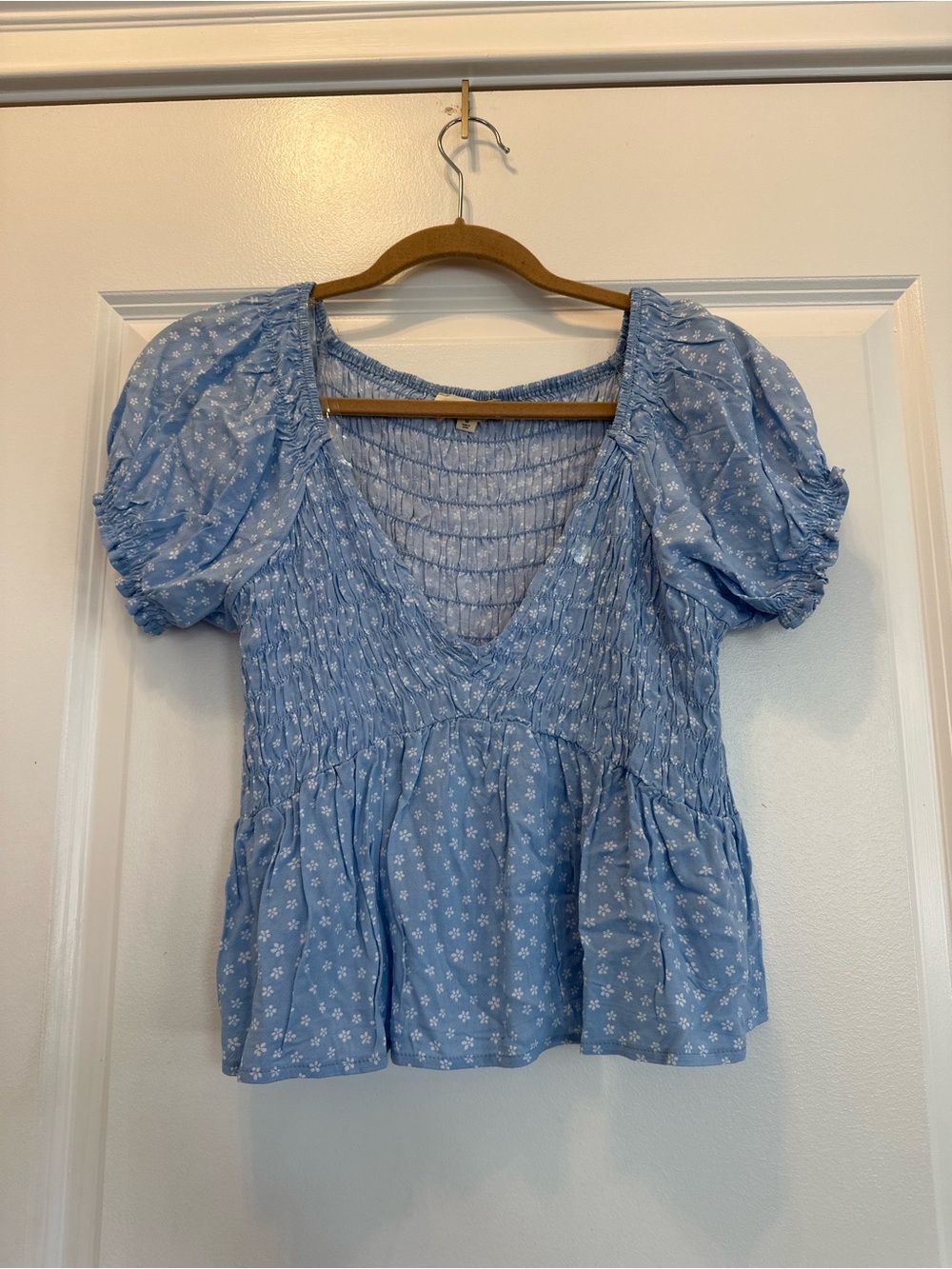 La Hearts Light Blue Floral Smocked V-Neck Top